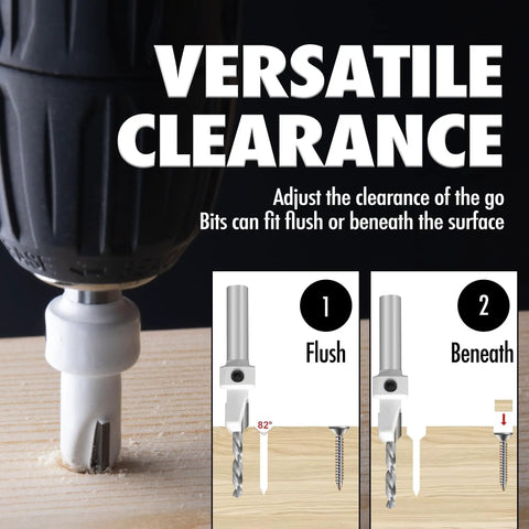 Pro Countersink Drill Bit Set With Carbide Tips For Woodworking Includes Sizes Four Six Eight Ten And Twelve flush and beneath options