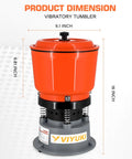 9Lb Vibratory Tumbler Polishing Machine For Rocks And Metal Parts with dimensions displayed, orange and grey design, 9.1-inch width