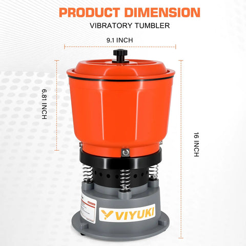 9Lb Vibratory Tumbler Polishing Machine For Rocks And Metal Parts with dimensions displayed, orange and grey design, 9.1-inch width