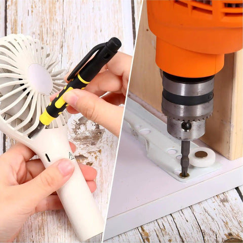 User fixing a hand fan and drilling with the Real Deal Four Piece Mini Pen Screwdriver Kit Featuring Versatile Four In One Double End Bits For Phillips And Flathead Jobs Great For Tight Spaces And On The Fly Fixes.