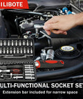Close-up of open socket set case from Beefy 47 Piece General Home And Auto Repair Tool Kit Set near car engine, showing tools inside.