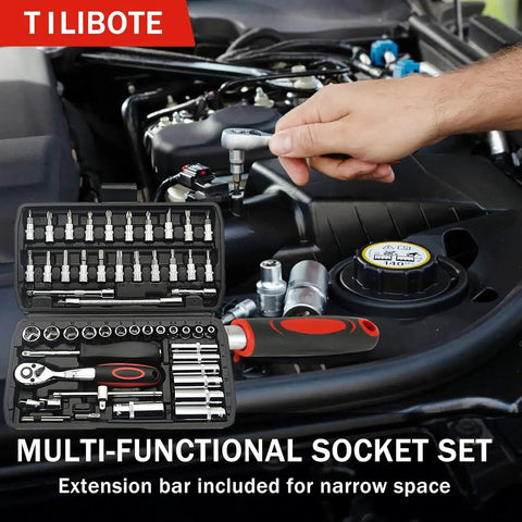 Close-up of open socket set case from Beefy 47 Piece General Home And Auto Repair Tool Kit Set near car engine, showing tools inside.
