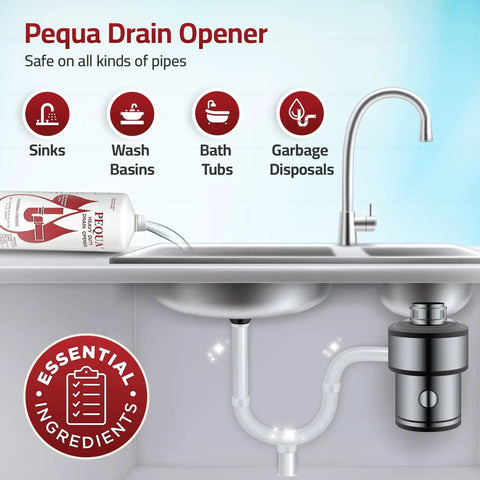 Heavy Duty Drain Opener, Industrial Strength Clog Remover, 32 Oz. pouring into sink pipes for effective clog removal.