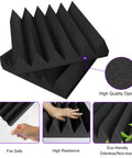 Black thick acoustic foam panels showing wedge design, 12x12x3 inch high density tiles for sound absorption.