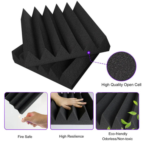 Black thick acoustic foam panels showing wedge design, 12x12x3 inch high density tiles for sound absorption.