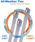 Heavy Duty 304 Stainless Steel Cable Ties 50 Pack 8 Inch Metal Zip Ties For Exhaust Auto Repair Fencing 450 Lb Tensile Strength Heat Resistant Built Like A Tank shown with temperature ratings