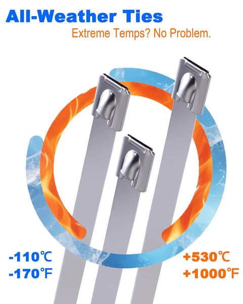 Heavy Duty 304 Stainless Steel Cable Ties 50 Pack 8 Inch Metal Zip Ties For Exhaust Auto Repair Fencing 450 Lb Tensile Strength Heat Resistant Built Like A Tank shown with temperature ratings