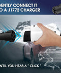 Hand connecting J1772 To Tesla Adapter Level 1 Level 2 EV Charger to a J1772 charger for electric vehicle charging.