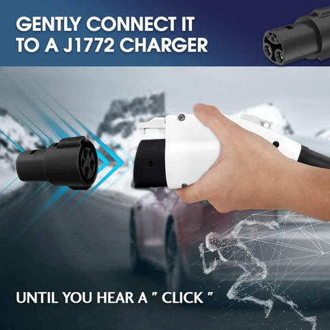 Hand connecting J1772 To Tesla Adapter Level 1 Level 2 EV Charger to a J1772 charger for electric vehicle charging.