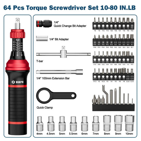 Torque Screwdriver Set 10 To 80 Inch Pounds With 64 Piece Gunsmith Kit displayed with bits and accessories.
