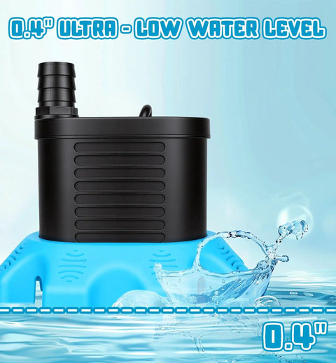 850 GPH Submersible Pool Cover Pump with 30 inch Power Cord and Adapters, sits on blue base, water splashing