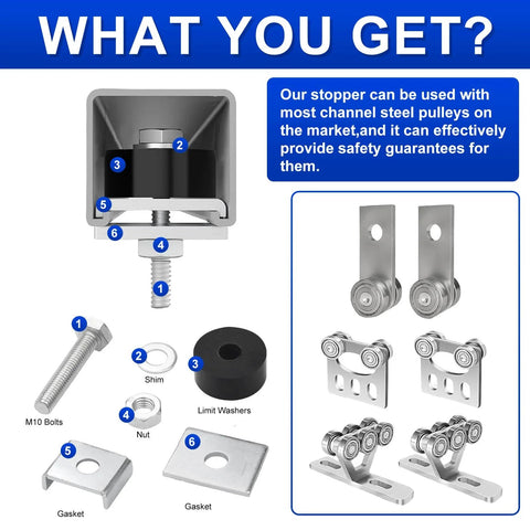 Components of Trolley Roller Wheels For Unistrut Strut Channel Positioning Limit Kit 1-5-8 Inch shown with limit washers and gaskets.
