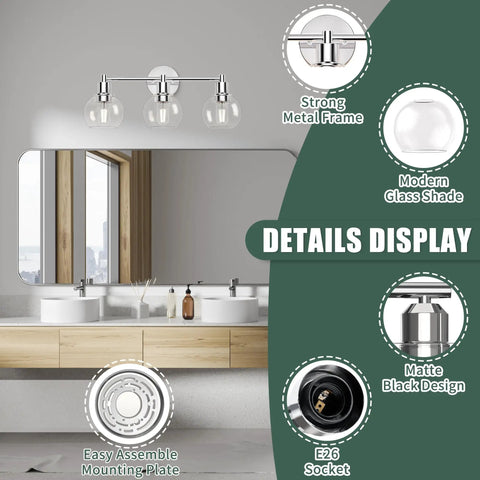 Three Light Chrome Vanity Light Fixture For Bathroom Over Mirror, Industrial Farmhouse Globe Wall Sconce, details display
