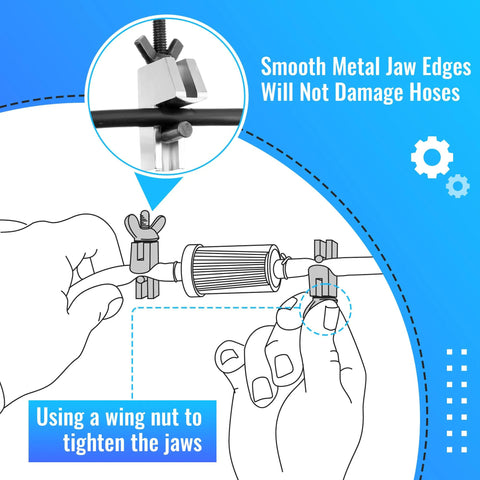Feekoon brake line clamp, 2-pc metal hose pinch clamp pliers; front view showing clamp installed on hose up to 1 inch