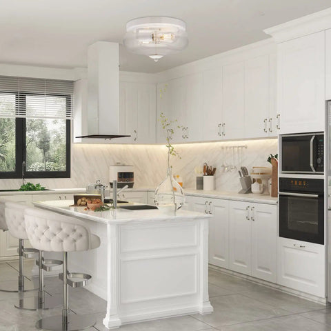 Modern kitchen with Seeded Glass Flush Mount Ceiling Light Fixture With 2 Light Sockets For Indoor Outdoor Use White Finish Modern Round Ceiling Lamp