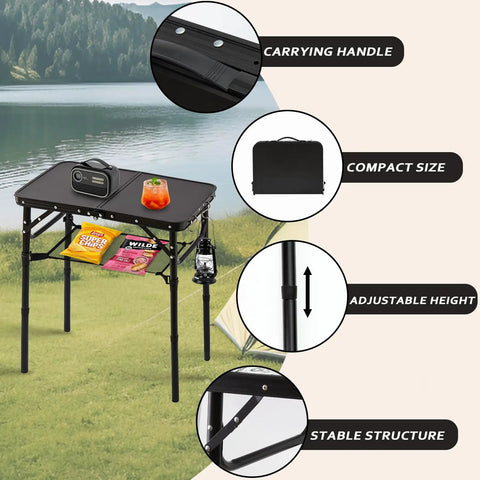 Foldable Picnic Table With Storage Net In Matte Black Aluminum Portable And Light For Camping Travel Or Indoor Use 23.6 By 15.8 Inches Three Height Settings Up To 27.5 Inches Fast Pack And Roll in outdoor setting, features labelled, with carrying handle, compact size, adjustable height, stable structure, items displayed.