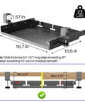 Sliding Under Desk Laptop Mount No Drill Setup With Slick Metal Storage Shelf dimensions showing 16.7 in x 10.5 in x 1.96 in.