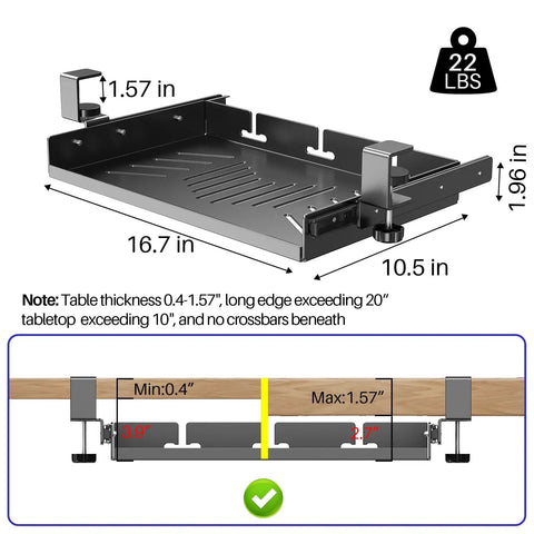 Sliding Under Desk Laptop Mount No Drill Setup With Slick Metal Storage Shelf dimensions showing 16.7 in x 10.5 in x 1.96 in.