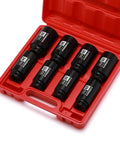One Half Inch Drive Deep Axle Nut Impact Socket Set 12 Point Metric CR MO Heavy Duty 8 Piece in red case, 29-39mm
