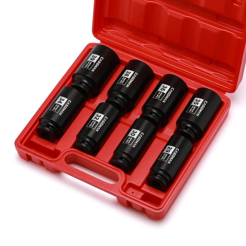 One Half Inch Drive Deep Axle Nut Impact Socket Set 12 Point Metric CR MO Heavy Duty 8 Piece in red case, 29-39mm