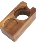 Rock Steady 58 Mm Coffee Tamper Stand With Solid Hardwood Portafilter Holder showing an angled view of the sturdy wooden frame.