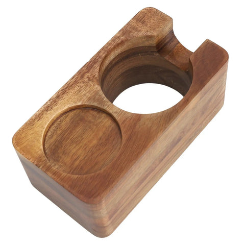 Rock Steady 58 Mm Coffee Tamper Stand With Solid Hardwood Portafilter Holder showing an angled view of the sturdy wooden frame.