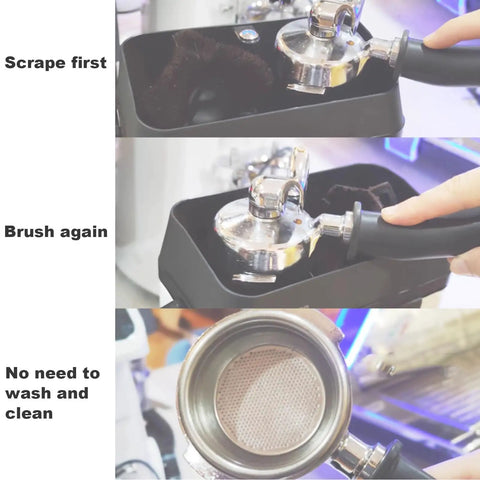 No Sweat Automatic Portafilter Cleaner And Knock Box For 58mm Espresso Filter Holders showing cleaning sequence with metal portafilter and brush.