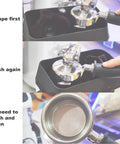 Step-by-step usage of Automatic Portafilter Cleaner Machine For 58mm Espresso Sets with cleaning tools and empty portafilter.