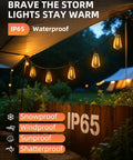 Outdoor String Lights 100Ft Remote Dimmable, Waterproof Connectable Edison Style ST38 Bulbs glowing under a tent