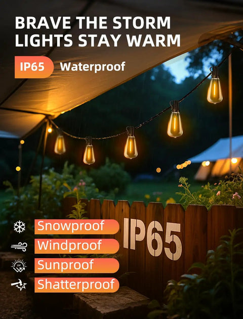 Outdoor String Lights 100Ft Remote Dimmable, Waterproof Connectable Edison Style ST38 Bulbs glowing under a tent