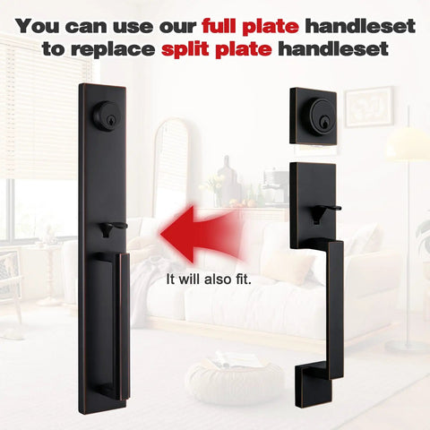 Full plate handleset replacing split plate handleset in living room