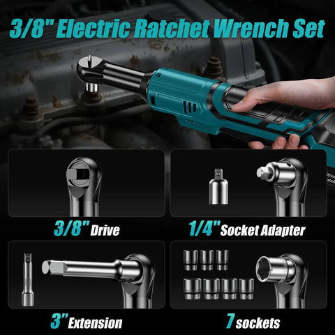 21V Cordless Ratchet Wrench Kit With 60 Ft Lbs Torque, 400 RPM, Extended Battery, Workhorse Power, 3/8 Drive, socket set
