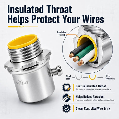Solid As A Rock 3/4 Inch Emt Conduit Connectors 25 Pack Zinc Plated Set Screw Fittings With Insulated Throat showing insulated wire entry design.