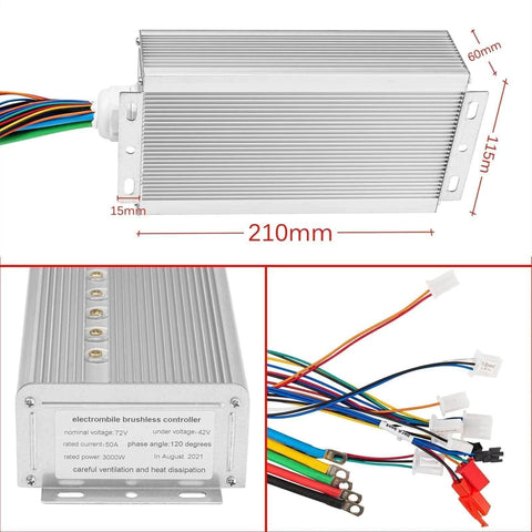 Powerful 3000W 72V Brushless DC Motor Kit With 50A Controller For Scooters And Go Karts, 4900 RPM, close-up of controller and wires