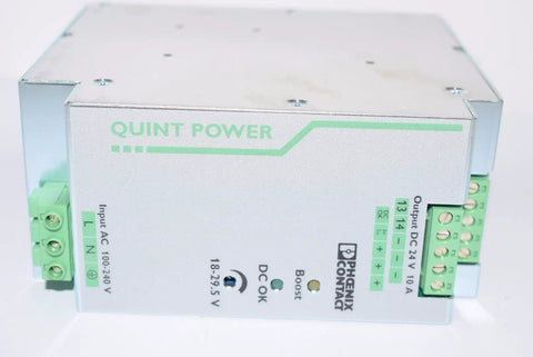 Quint PS 24V DC Power Supply, 10A Output, 1AC Input, Plug In Screw Connection, DIN Rail Mount, Selectable Fuse Breaking (SFB) Tech, High Efficiency Industrial PSU, 9x9x7 in, 4 lb, Used Like New front view