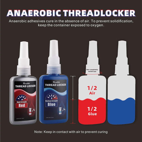 Two Pack Thread Locker Blue And Red Medium And High Strength For Metal Fasteners shown with application instructions