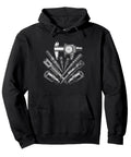 Sharp Retro Art Pullover Hoodie For Tool Die Makers And Cnc Machining Pros Who Love American Craft Pride featuring graphic tools on black fabric.