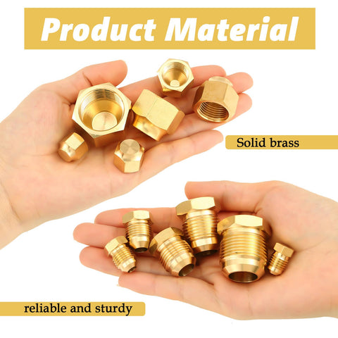 Hands holding brass SAE 45 degree flare plug and cap set, 6 size assortment for 1/4, 5/16, 3/8, 1/2, 5/8 and 3/4 inch tube OD.