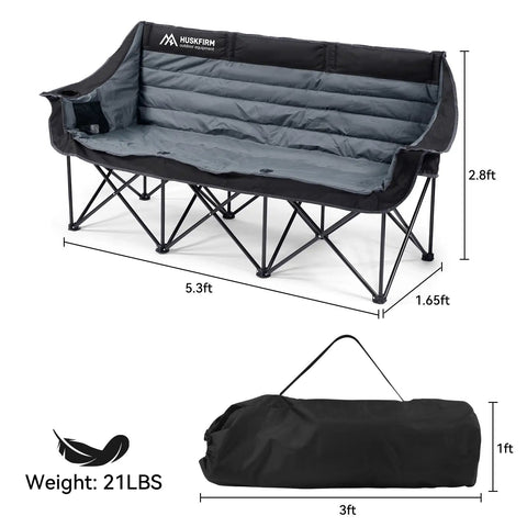 Three Person Folding Camping Chair Couch With Padded Comfort Oversized Outdoor Loveseat Heavy Duty Frame Two Cup Holders And Carry Bag