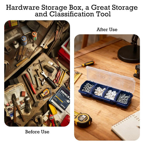 Before and after comparison of 4 Pack Parts Organizer Box With Four Compartments Translucent Lid Secure Lock Heavy Duty PP Plastic Storage Bin For Screws Bolts Nuts Stackable Garage Ready Workshop Organizer Neat And Tidy Blue on a cluttered and organized workbench.