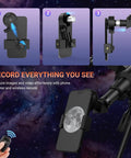 70mm Refractor Telescope Kit For Kids And Adults Portable 300mm Focal Length with phone adapter, remote, and moon view.