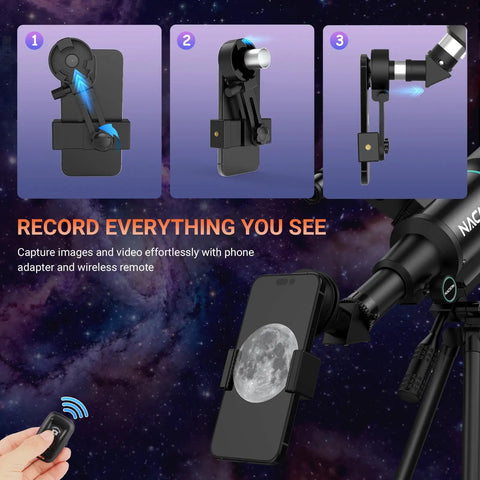 70mm Refractor Telescope Kit For Kids And Adults Portable 300mm Focal Length with phone adapter, remote, and moon view.