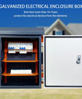 Heavy Duty Outdoor Electrical Box Built Different With Heat Dissipating Fan Vent And Easy Swap Shelves showing shelves and wiring inside galvanized cabinet.