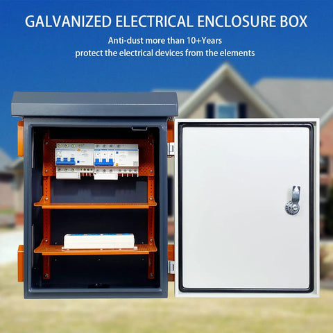 Heavy Duty Outdoor Electrical Box Built Different With Heat Dissipating Fan Vent And Easy Swap Shelves showing shelves and wiring inside galvanized cabinet.