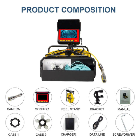 Heavy Duty Sewer Camera With 100 Ft Cable And Built In 16Gb Dvr For Hassle Free Drain Scoping and components display.