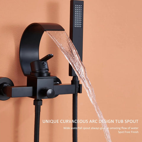 Black Wall Mounted Tub Faucet With Handheld Spray Waterfall Spout Set For Your Bathroom Renovation, sleek arc spout view
