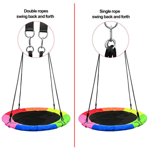 Comparison of 40 Inch Saucer Tree Swing For Kids With 900D Oxford Waterproof Fabric And 900 Lb Weight Capacity, showing double and single rope attachment.
