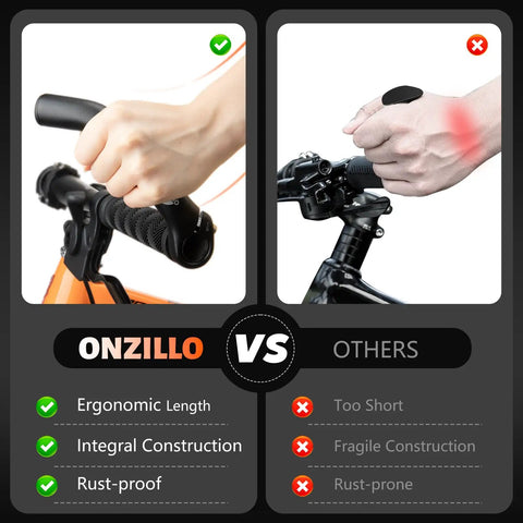 Comparison of Upgraded Ergonomic Bike Bar Ends Extension versus standard bar ends highlighting ergonomic length and rust-proof features.