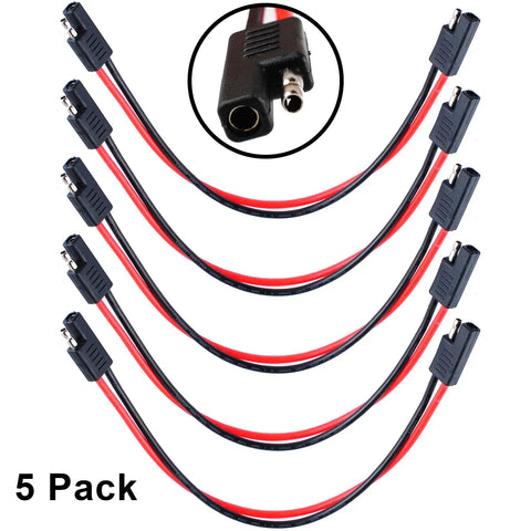 5 pack of 2 Pin Quick Disconnect SAE Wire Harness Connector with 12 inch 12 gauge cable, red and black leads for 12V systems