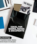 Durable Black 14.5x19 Inch Poly Mailers, 100 Pack, Waterproof Self Sealing Shipping Bags with book inside on desk